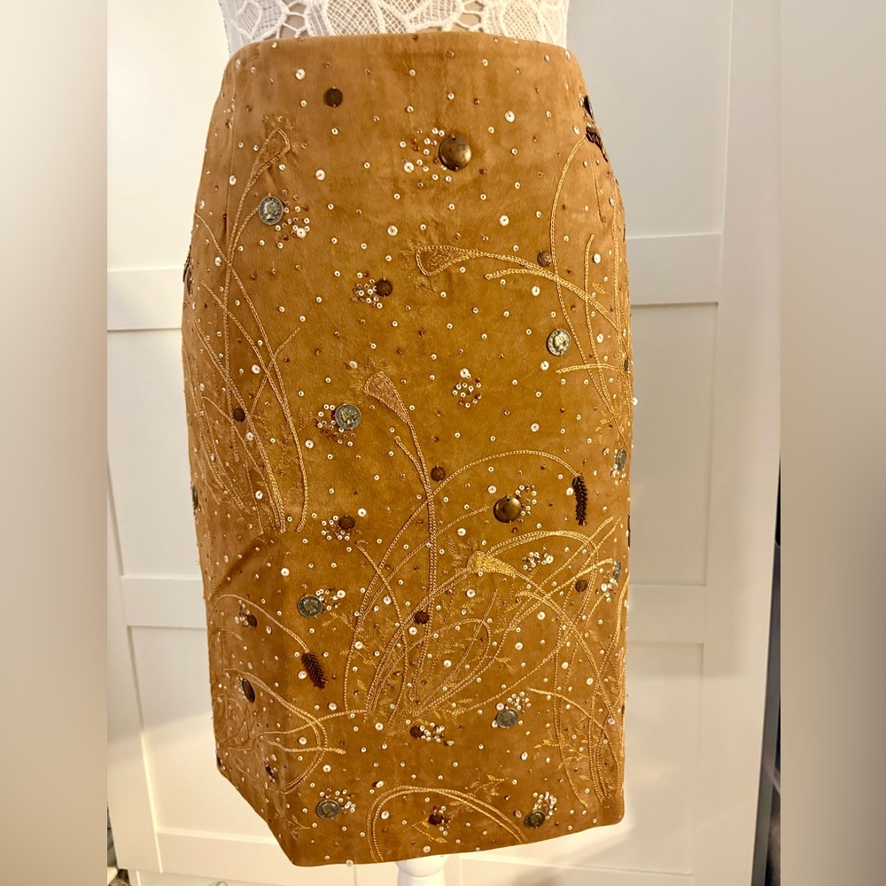 □$1500 OSCAR DE LA RENTA BROWN SUEDE EMBROID BEADED PENCIL SKIRT US 14